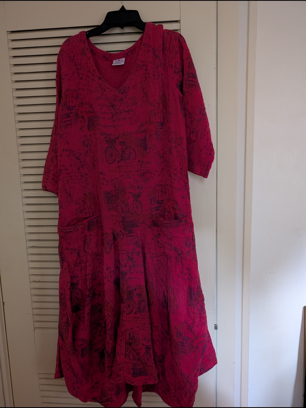 Women’s Red Patterned V-Neck Dress 100% Cotton By Color Me Cotton